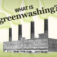 A factory with smokestacks emitting green-patterned smoke. The text above reads, "What is greenwashing?" in bold black letters.