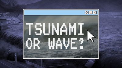 Pixelated window with the text "TSUNAMI OR WAVE?" and a large cursor overlaying a background of a large wave hitting the coast.