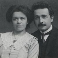 black and white photograph of Albert Einstein and his first wife, Mileva Marić-Einstein