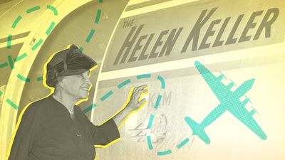 Deafblind activist Helen Keller touches a plane labeled "The Helen Keller" with a graphic overlay of a plane and dashed travel path.