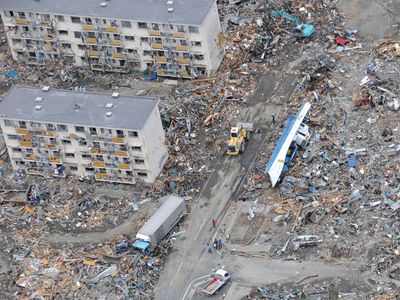 Aerial view of the destruction in Sendai, Miyagi prefecture, Japan, three days after being struck by the March 11, 2011, earthquake and tsunami.