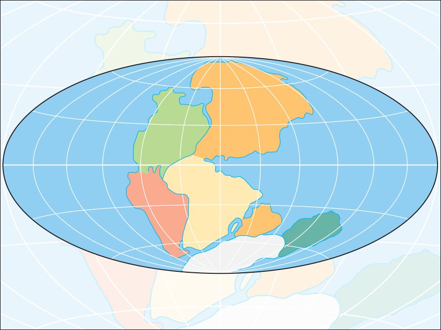 Pangaea (Pangea) was a supercontinent 225 million years ago formed by plate tectonics and continental drift.